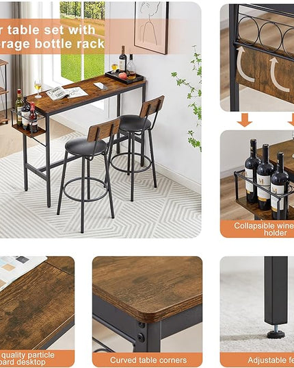 Dining Table Set for 2, Bar Table and Chairs Set, Industrial Counter Height Bar Table with Wine Rack, and 2 PU Upholstered Seat Stools with Backrest & Footrest, for Kitchen, Bar, Rustic Brown - LeafyLoom