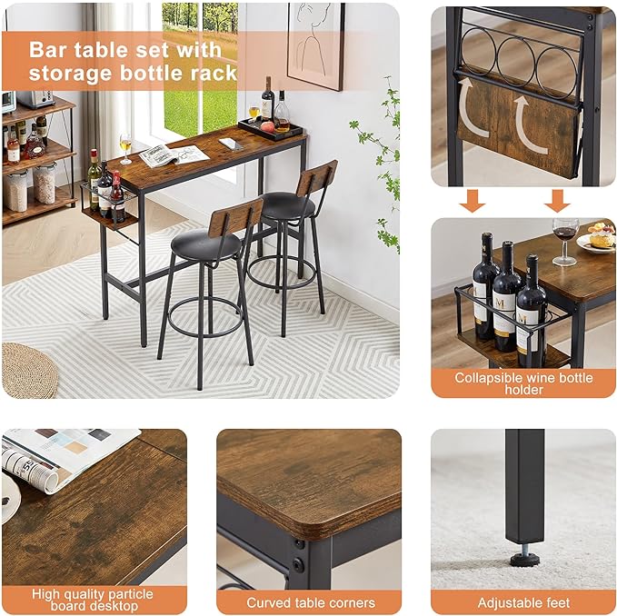 Dining Table Set for 2, Bar Table and Chairs Set, Industrial Counter Height Bar Table with Wine Rack, and 2 PU Upholstered Seat Stools with Backrest & Footrest, for Kitchen, Bar, Rustic Brown - LeafyLoom
