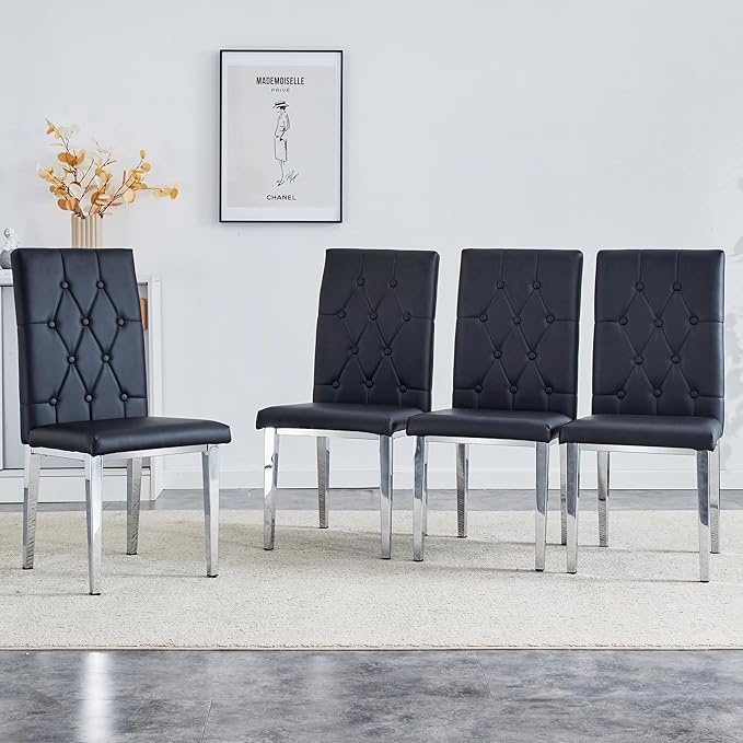 NicBex Dining Chairs Set of 4 Modern PU Dining Room Kitchen Chairs with Embedded Button High Backrest,Silver Metal Legs,Chairs for Dining Room, Kitchen,Living Room, and Restaurants,Black - LeafyLoom