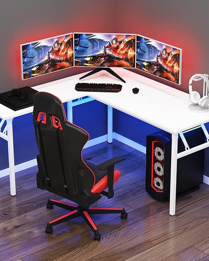 DlandHome L-Shaped Folding Computer Desk 55inches and 55inches Left and Right Adjustable Half-Installed Home Office Workstation Corner Table,White +White - LeafyLoom