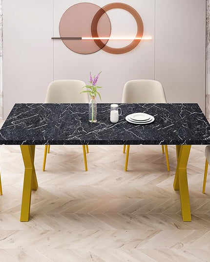 NicBex Dining Table Contemporary Kitchen Table Farmhouse Rustic 70.87" Square Dining Table with Printed Black Marble Table Top+Gold X-Shape Table Leg Rectangular Dining Table, Black +Gold - LeafyLoom