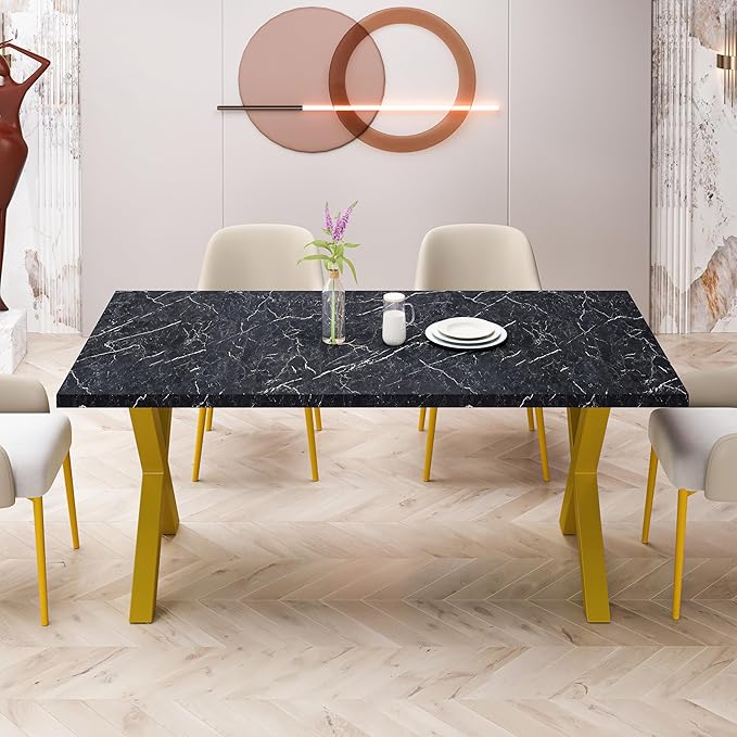 NicBex Dining Table Contemporary Kitchen Table Farmhouse Rustic 70.87" Square Dining Table with Printed Black Marble Table Top+Gold X-Shape Table Leg Rectangular Dining Table, Black +Gold - LeafyLoom