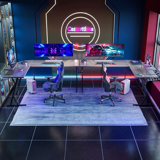 Casaottima Gaming Desk L Shaped Computer Desk, Corner Desk for Home Office with Monitor Stand 66", Gray Oak - LeafyLoom