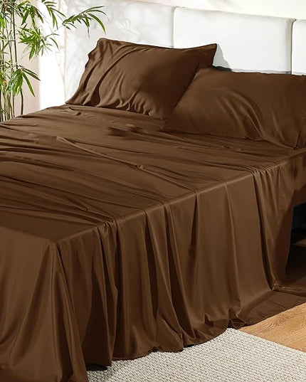 Bedsure King Size Sheet Set, Cooling Sheets King, Rayon Derived from Bamboo, Deep Pocket Up to 16", Breathable & Soft Bed Sheets, Hotel Luxury Silky Bedding Sheets & Pillowcases, Brown - LeafyLoom
