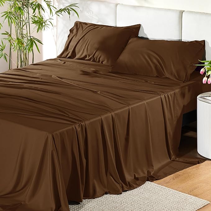 Bedsure King Size Sheet Set, Cooling Sheets King, Rayon Derived from Bamboo, Deep Pocket Up to 16", Breathable & Soft Bed Sheets, Hotel Luxury Silky Bedding Sheets & Pillowcases, Brown - LeafyLoom