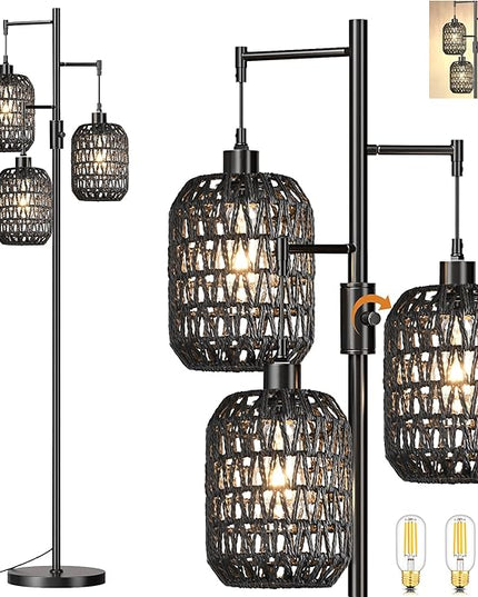 Floor Lamp for Living Room,Bedroom,Boho Rattan Floor Lights,Dimmable Industrial Black Farmhouse Tree 3 Standing Lamp Wicker Rustic Tall Lamp,Woven Bamboo Lamp Shade Floor Lamps Bohemian - LeafyLoom