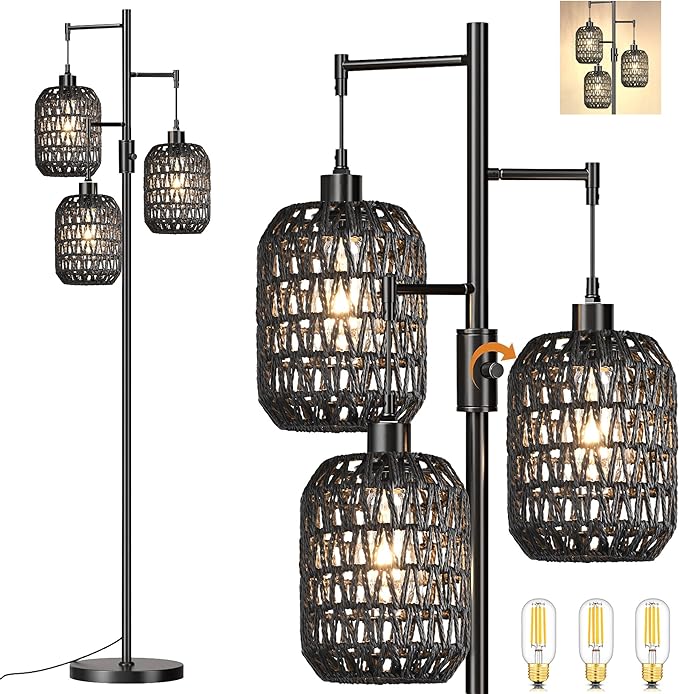 Floor Lamp for Living Room,Bedroom,Boho Rattan Floor Lights,Dimmable Industrial Black Farmhouse Tree 3 Standing Lamp Wicker Rustic Tall Lamp,Woven Bamboo Lamp Shade Floor Lamps Bohemian - LeafyLoom
