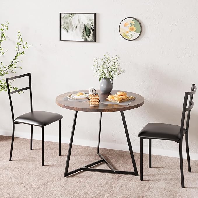 GAOMON Round Dining Table Set for 2 with Cushion Chairs, 3 Piece Kitchen Table and Upholstered Chairs Circular, Wood Dinning Room Table Furniture Set for Kitchen Apartment, Rustic Brown - LeafyLoom