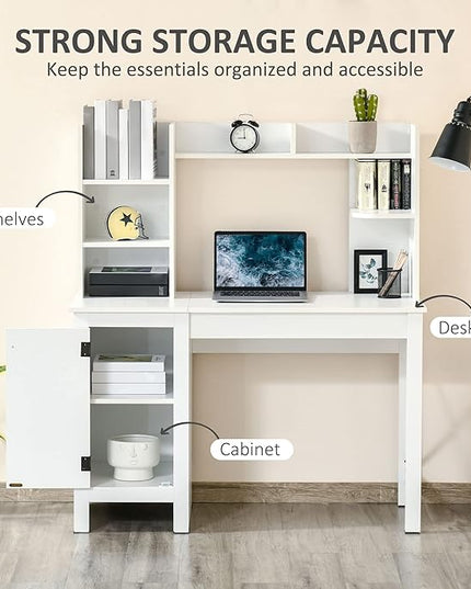 HOMCOM Farmhouse Computer Desk with Hutch and Cabinet, Home office Desk with Storage, for Study, White - LeafyLoom