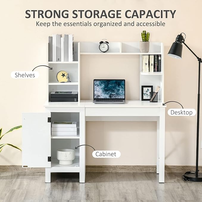 HOMCOM Farmhouse Computer Desk with Hutch and Cabinet, Home office Desk with Storage, for Study, White - LeafyLoom