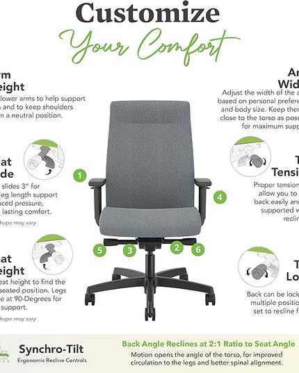 HON Ignition 2.0 Office Chair, Upholstered Back, Basalt Grey - LeafyLoom