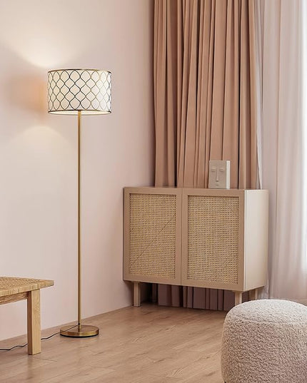 Globe Electric Novogratz x 65787 Kinsley 65" Floor Lamp, Matte Brass, Metal Mesh Over Cotton Shade - LeafyLoom