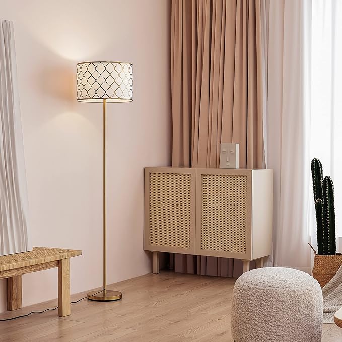 Globe Electric Novogratz x 65787 Kinsley 65" Floor Lamp, Matte Brass, Metal Mesh Over Cotton Shade - LeafyLoom