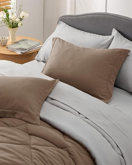 Bedsure Brown Twin Comforter Set - 5 Pieces Reversible Twin Bed in a Bag, Extra Long Twin Bed Set Brown and Grey with Comforters, Sheets, Pillowcase & Sham - LeafyLoom