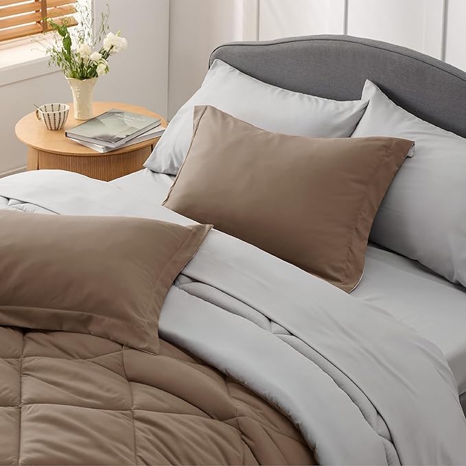 Bedsure Brown Twin Comforter Set - 5 Pieces Reversible Twin Bed in a Bag, Extra Long Twin Bed Set Brown and Grey with Comforters, Sheets, Pillowcase & Sham - LeafyLoom