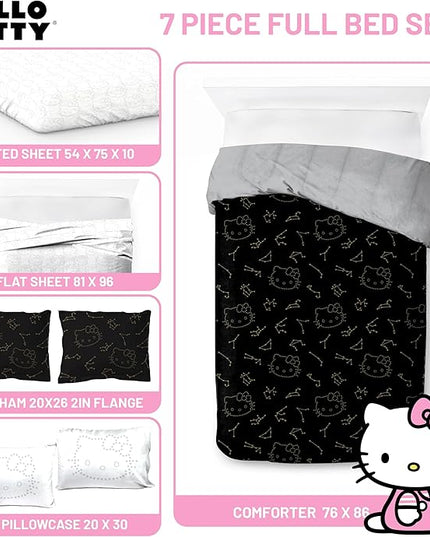 Jay Franco Hello Kitty Stars Full Comforter Set - 7 Piece Bedding includes Sheet Set & Pillow Covers - Super Soft Zodiac Black & Gold Bedding - LeafyLoom