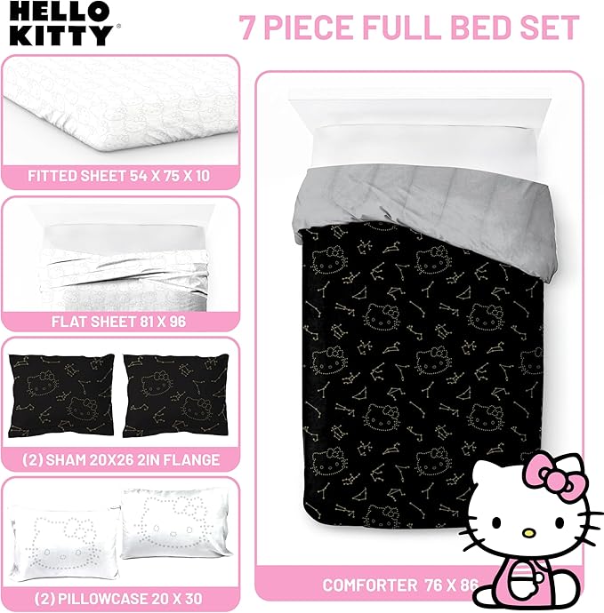 Jay Franco Hello Kitty Stars Full Comforter Set - 7 Piece Bedding includes Sheet Set & Pillow Covers - Super Soft Zodiac Black & Gold Bedding - LeafyLoom