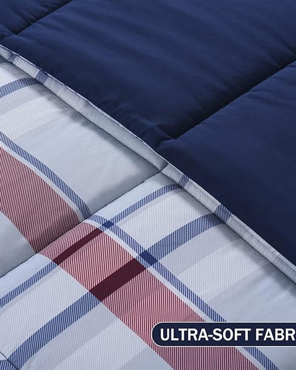 downluxe King Size Comforter Set (104"x92") 3-Piece,Plaid Navy Reversible Comforter,2 Reversible Pillow Shams 20"x36",Microfiber King Comforter,Soft and Comfortable - LeafyLoom