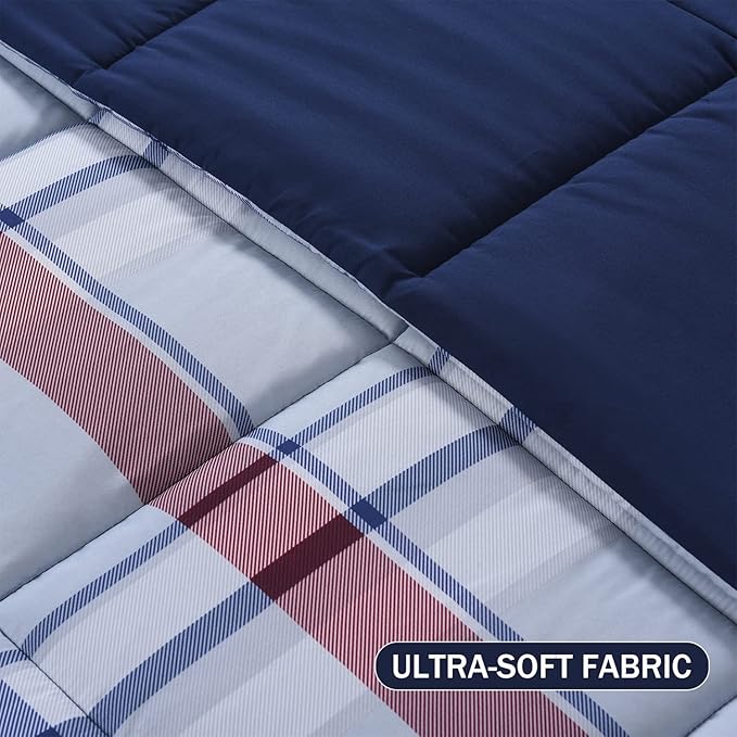 downluxe Queen Comforter Set(88"x92") 3-Piece,Plaid Navy Reversible Comforter,2 Reversible Pillow Shams 20"x26",Microfiber Queen Comforter,Soft and Comfortable - LeafyLoom