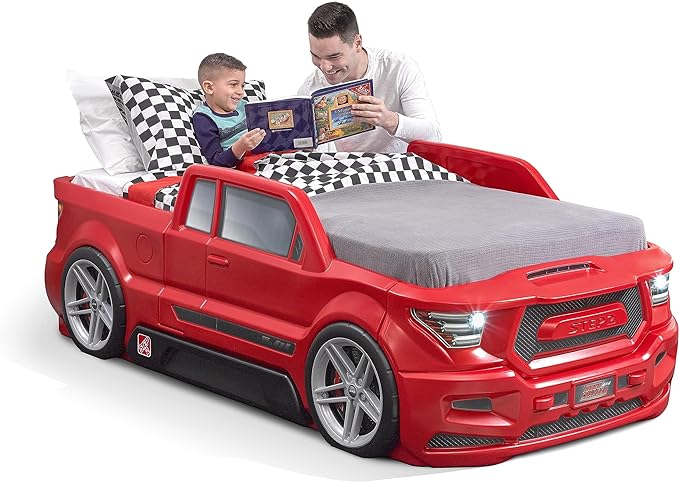 Step2 Turbocharged Twin Size Truck Car Bed, Car Bed for Boys and Girls, Working Headlights & Built-In Storage, Toddlers Ages 3+ Years Old, Adult Assembly Required, Vibrant Red - LeafyLoom