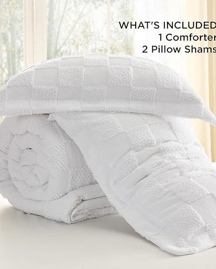 Bedsure King Size Comforter Set White, Boho Tufted Bedding Comforter Set, Checkered Farmhouse Shabby Chic Bed Set, 3 Pieces, 1 Plaid Geometric Comforter and 2 Pillow Shams - LeafyLoom