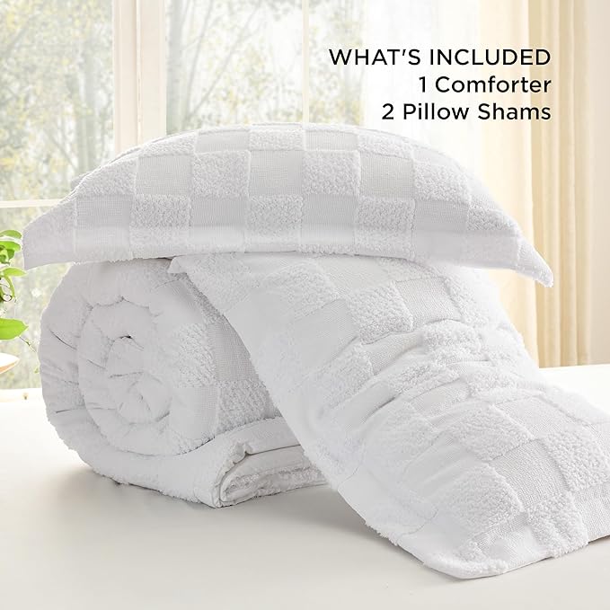 Bedsure King Size Comforter Set White, Boho Tufted Bedding Comforter Set, Checkered Farmhouse Shabby Chic Bed Set, 3 Pieces, 1 Plaid Geometric Comforter and 2 Pillow Shams - LeafyLoom