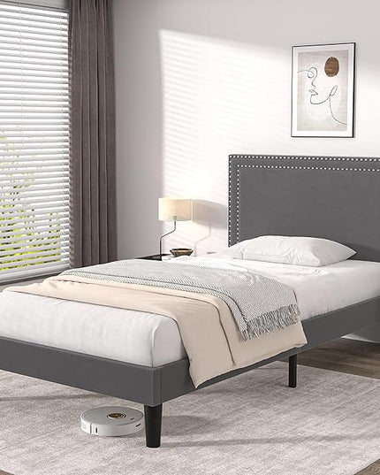 VECELO Twin Size Platform Bed Frame with Height Adjustable Upholstered Headboard, Modern Mattress Foundation,Strong Wood Slat Support, No Box Spring Needed, Easy Assembly - LeafyLoom