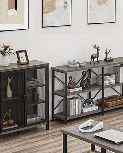BON AUGURE Rustic Console Table Behind Sofa, Industrial Entryway Table with Storage Shelves, 3 Tier Long Bookshelf for Entry (55 Inch, Dark Grey Oak) - LeafyLoom