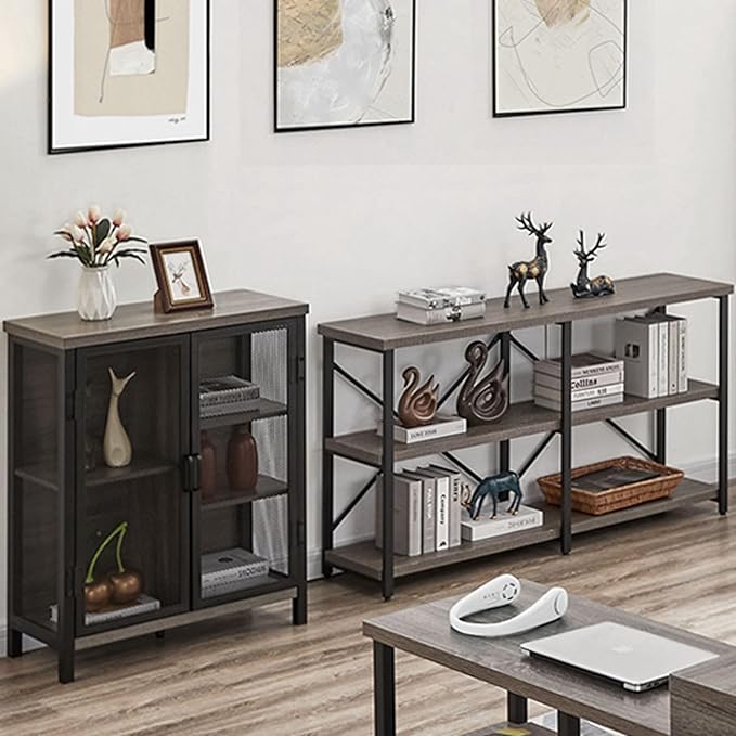 BON AUGURE Rustic Console Table Behind Sofa, Industrial Entryway Table with Storage Shelves, 3 Tier Long Bookshelf for Entry (55 Inch, Dark Grey Oak) - LeafyLoom