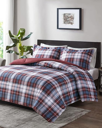 Madison Park Essentials Parkston Plaid Comforter, Matching Sham, 3M Scotchguard Stain Release Cover, Hypoallergenic All Season Bedding-Set, Full/Queen, Red, 3 Piece - LeafyLoom