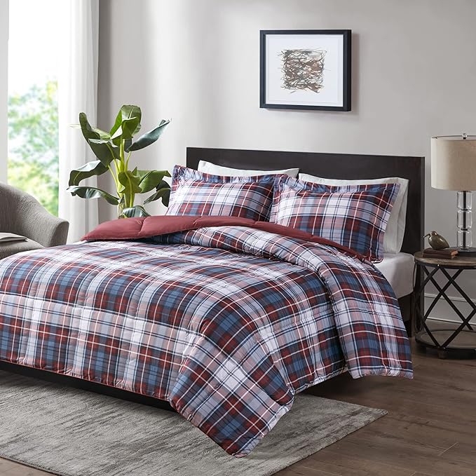 Madison Park Essentials Parkston Plaid Comforter, Matching Sham, 3M Scotchguard Stain Release Cover, Hypoallergenic All Season Bedding-Set, Full/Queen, Red, 3 Piece - LeafyLoom
