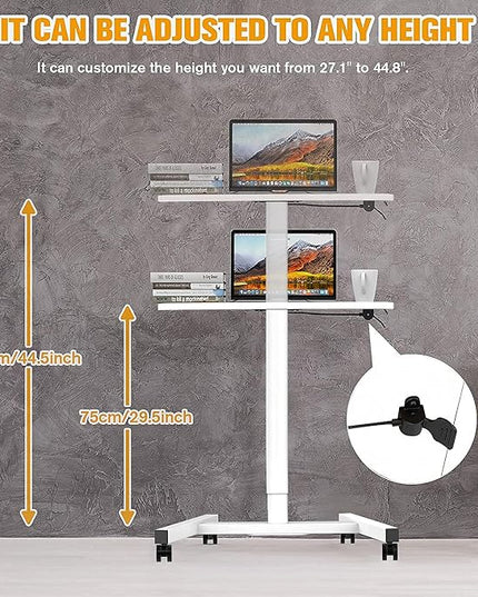 Rolling Desk with Adjustable Height, Sit-to-Stand Desk with Lockable Wheels, 28-Inch Rolling Standing Mobile Desk Cart for Home Office Classroom (White) - LeafyLoom