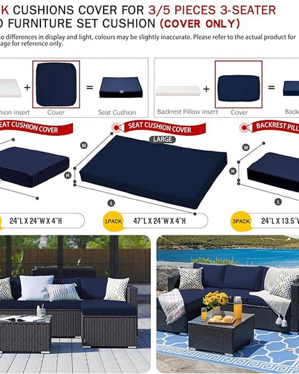 ClawsCover 6Pack Outdoor Seat and Back Cushions Replacement Covers Fit for 3 Pieces 3-Seater Wicker Rattan Patio Furniture Conversation Set Sectional Couch Chair,Navy-Include Cover Only - LeafyLoom
