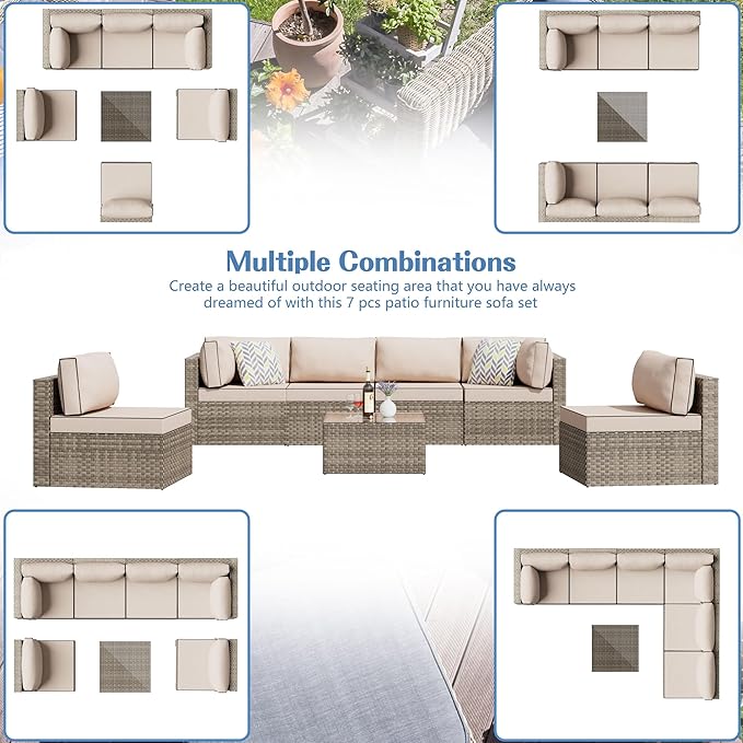 Shintenchi 7 Pieces Outdoor Patio Sectional Sofa Couch,Natural PE Wicker Furniture Conversation Sets with Washable Cushions & Glass Coffee Table for Garden, Poolside, Backyard (Khaki) - LeafyLoom