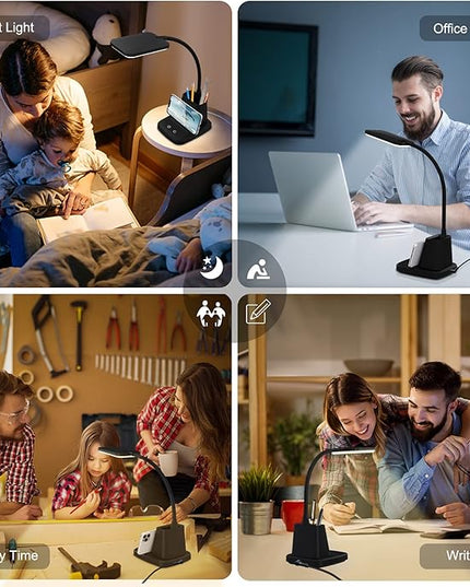 Sailstar Desk Lamp, LED Desk Lamps for Home Office, Wireless Charger Small Desk Lamp with Pen Holder, 3 Color Modes, Dimmable, CRI 85, 800 LM, Study Lamp for College Dorm Room, Adapter Included, Black - LeafyLoom
