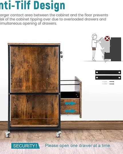 Lateral File Cabinet, 2 Drawer Mobile Filing Cabinet with Outlet, Open Storage Side Shelves, Locking Drawer Fits A4/Letter/Legal Size File Cabinets for Home Office, Brown - LeafyLoom