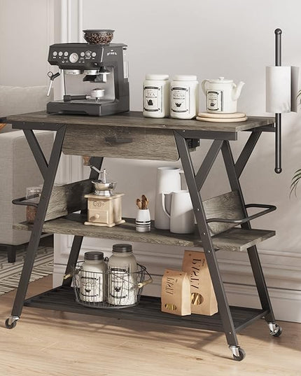 Bestier Coffee Bar Station, Kitchen Island Cart with Storage, Coffee Cart with Drawer, Paper Towel Holder and Lockable Wheels, Bar Table for Dinning Room Living Room, Gray - LeafyLoom