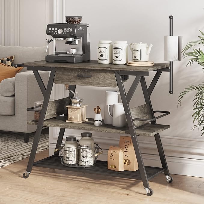 Bestier Coffee Bar Station, Kitchen Island Cart with Storage, Coffee Cart with Drawer, Paper Towel Holder and Lockable Wheels, Bar Table for Dinning Room Living Room, Gray - LeafyLoom