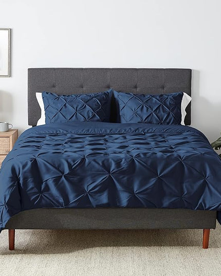 Amazon Basics All-Season Down-Alternative Comforter 3-Piece Bedding Set, Pinch Pleat, Full/Queen, Pinched Pleat With Piped Edges, Navy Blue - LeafyLoom
