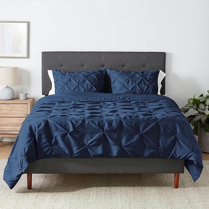 Amazon Basics All-Season Down-Alternative Comforter 3-Piece Bedding Set, Pinch Pleat, Full/Queen, Pinched Pleat With Piped Edges, Navy Blue - LeafyLoom