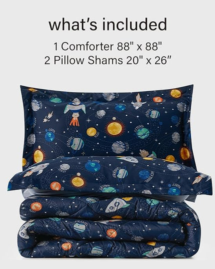 Queen Space Bedding Sets for Boys, 3 Pieces Kids Queen Comforter Sets, Super Soft Lightweight for All Seasons, Includes 1 Comforter (88"x88") and 2 Pillowcase (20"x26"+2") - LeafyLoom