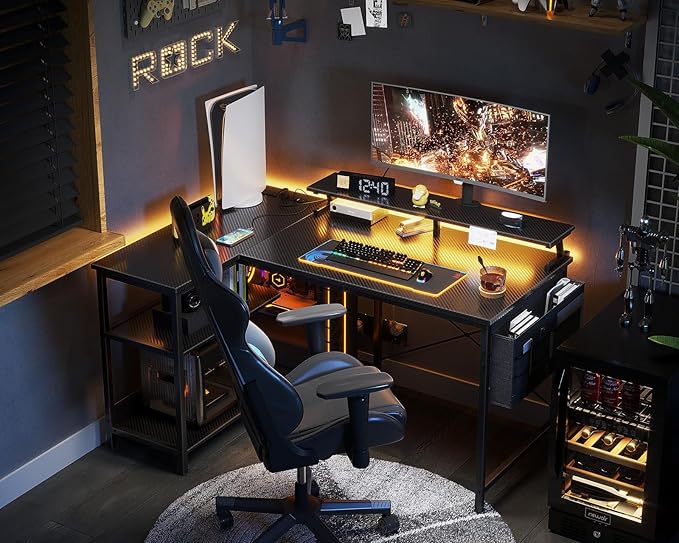 ODK 48 Inch Gaming Desk with USB Charging Ports and LED Lights, Reversible L Shaped Computer Desk with Storage Shelves & Monitor Stand, Corner Gamer Desk Table with Power Outlets, Carbon Fiber Black - LeafyLoom