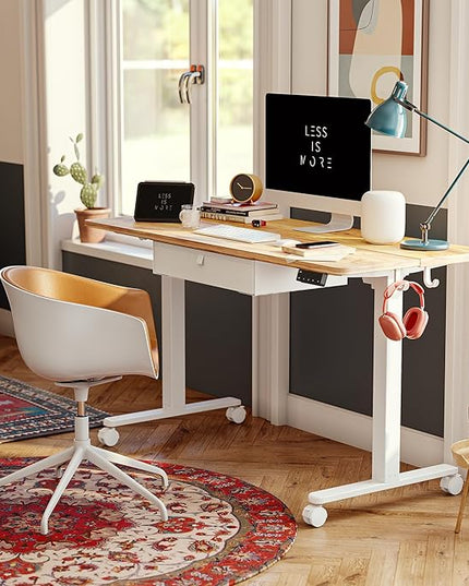 FEZIBO 48 x 24 Inches Standing Desk with Drawer, Adjustable Height Electric Stand up Desk with Storage, Sit Stand Home Office Desk, Ergonomic Computer Desk, Light Rustic - LeafyLoom