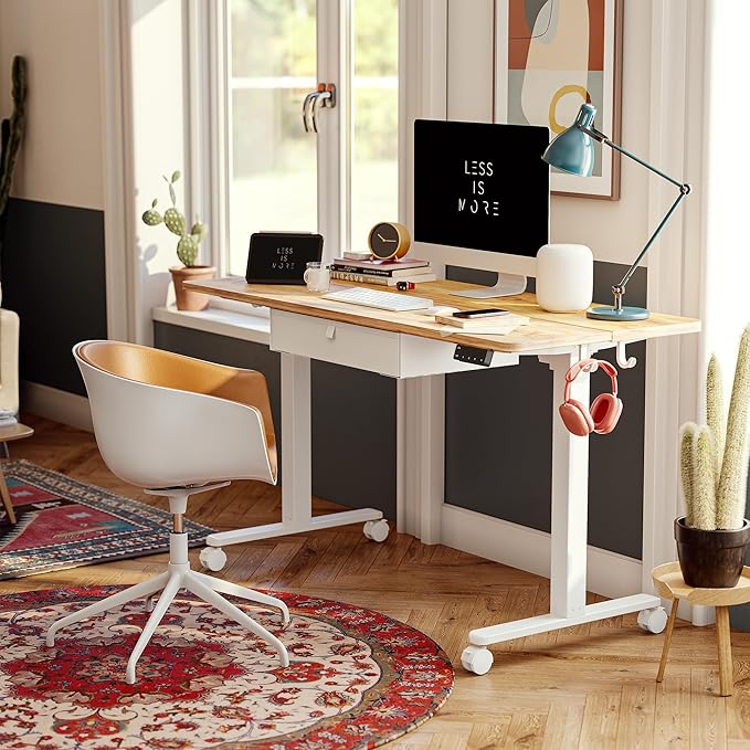 FEZIBO 48 x 24 Inches Standing Desk with Drawer, Adjustable Height Electric Stand up Desk with Storage, Sit Stand Home Office Desk, Ergonomic Computer Desk, Light Rustic - LeafyLoom