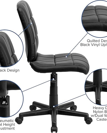 Flash Furniture Clayton Mid-Back Tufted Vinyl Upholstered Swivel Desk Chair with Padded Seat, Modern Adjustable Height Padded Office Chair, Black - LeafyLoom