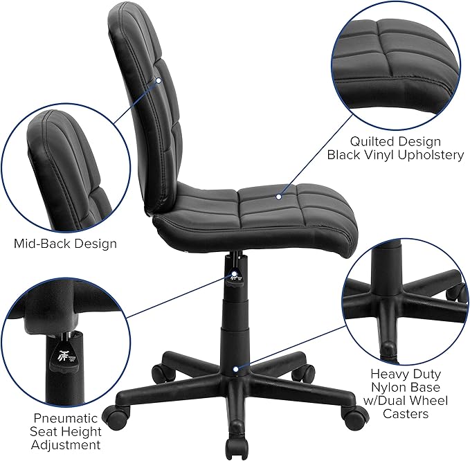 Flash Furniture Clayton Mid-Back Tufted Vinyl Upholstered Swivel Desk Chair with Padded Seat, Modern Adjustable Height Padded Office Chair, Black - LeafyLoom