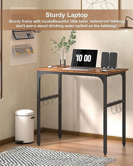 VECELO 32 Inch Small Computer Stable Writing Study Work 4 Hooks Adjustable Feet Wooden Desk for Home,Bedroom,Rusic Brown, 32Inches - LeafyLoom