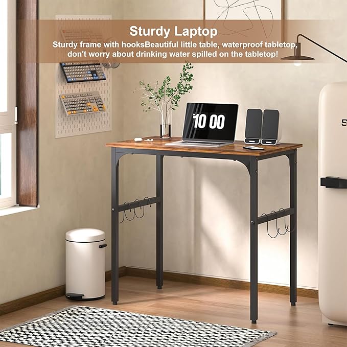 VECELO 32 Inch Small Computer Stable Writing Study Work 4 Hooks Adjustable Feet Wooden Desk for Home,Bedroom,Rusic Brown, 32Inches - LeafyLoom