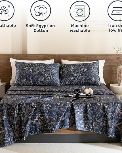 QSH Floral Egyptian Cotton Sheets Queen Size - Elegant Navy Botanical Pattern Printed Bedding Sheets Queen Size Bed Extra Soft and Breathable 4pcs Deep Pockets Bed Sheets - LeafyLoom