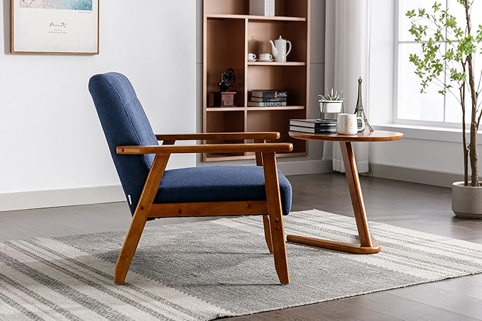 Mid-Century Accent, Modern Single Armchair, Upholstered Leisure Lounge Chair wth Solid Wood Armrest and Feet for Living Room, Bedroom, Office, Navy Blue - LeafyLoom